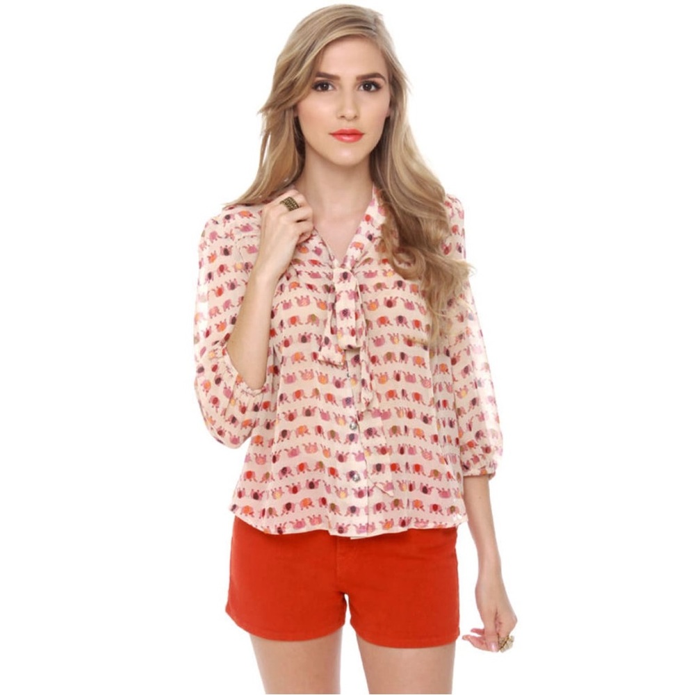 Skies Are Blue Pink Elephant Print Tie-Neck Blouse